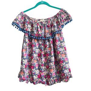 Kori Boho Fiesta Floral Off Shoulder Blouse with Pom Pom Tassels and Ruffle Hem